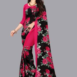 Printed Daily Wear Georgette Saree (Pink, Black)