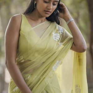 Printed Handloom Pure Cotton Saree (Yellow)
