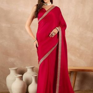 Bollywood Satin, Silk Blend Saree (Red)