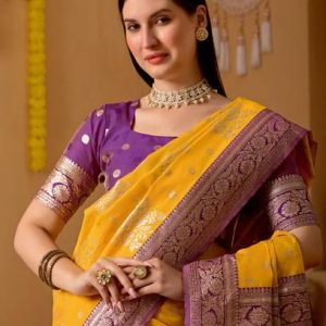 Banarasi Jacquard, Art Silk Saree (Mustard Yellow)