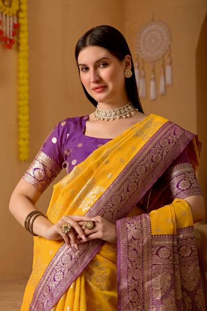 Banarasi Jacquard, Art Silk Saree (Mustard Yellow)