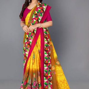Printed Ikkat Cotton Blend Saree (Multicolor)