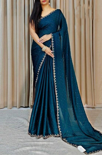 Bollywood Satin, Silk Blend Saree (Royal Blue)